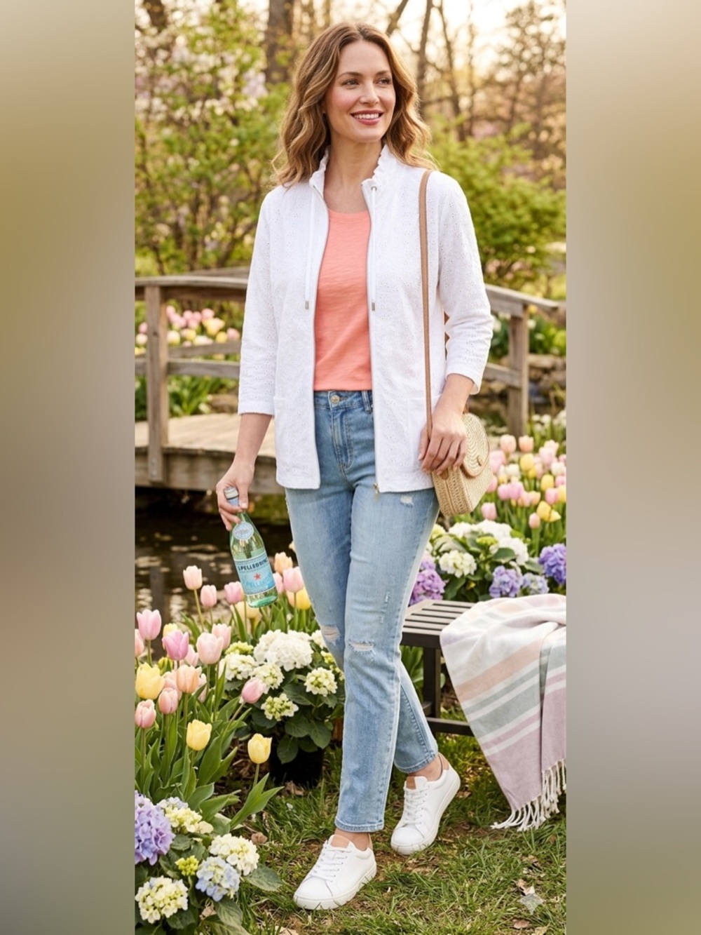 Chico's White Eyelet Embroidered Zip Up Jacket Ruffle Neck - Size 2 (Large)